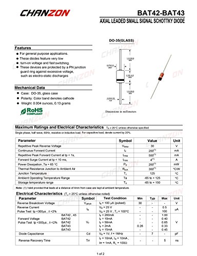 Chanzon BAT42 Schottky מחסום מיישר דיודות 200mA 30V DO-35 צירי 0.2A 30 וולט דיודה מיתוג אות קטן