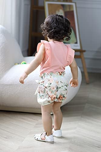 תינוקת בגדי תינוקות קיץ תלבושות סט לפרוע שרוול מכנסיים קצרים פרחוני עם סרט
