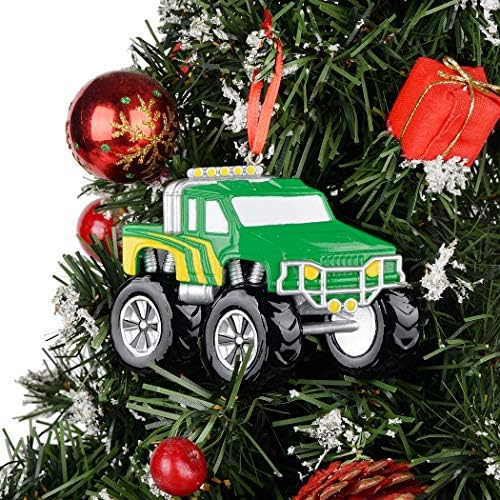 משאית מפלצת ירוקה מותאמת אישית קישוט לחג המולד - גלגלים גדולים קישוט משאית רכב - קישוט לטרקטור מפלצת ילדים - מתנת מזכרת לחג המולד לילדים פעוטות, בנים, נכד
