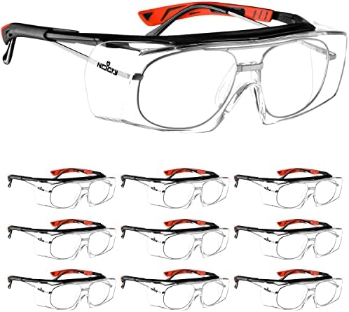 משקפי בטיחות נוקריים שמתאימים מעל משקפי המרשם שלך; הגנה על UV400; ANSI Z87; 10 חבילות; צרור 2: שחור וכתום; שחור ואדום