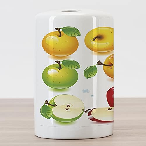 מחזיק מברשת שיניים קרמיקה, זנים שונים של תפוחים בסגנון קריקטורה פירות טעימים עסיסיים, משטח דקורטיבי רב -תכליתי לחדר אמבטיה, 4.5 x 2.7, ירוק חיוור צהוב אדום אדום