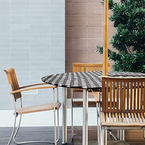סורפי ויניל מטרייה עגול מצויד מפת שולחן כיסוי, משובץ עיצוב, פלנל מגובה רירית 36 אינץ, שחור