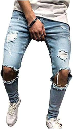 סינזלימין גברים קרע ג 'ינס אופנה לשטוף ג' ינס כפתור רוכסן מכנסיים מטען מזדמן אופנוע אופנוען מכנסיים ישר עיפרון צפצף