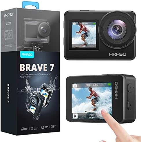 Akaso Brave 7 4K30FPS 20MP WiFi מצלמת פעולה עם מסך מגע IPX8 33ft מצלמה אטומה למים EIS 2.0 זום תמיכה בשליטה קולית מיקרופית חיצונית עם מצלמת Vlog 2x 1350mAh סוללות