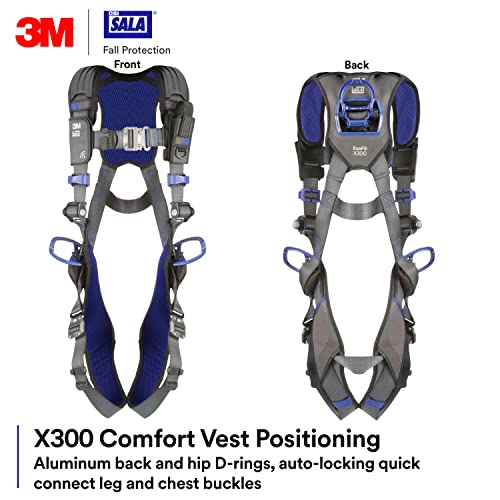 3M 113058 DBI-SALA EXOFIT X300 אפוד נוחות רתמת בטיחות מיצוב רתמת נפילה, OSHA, ANSI, תעשייה כללית, אלומיניום גב וטבעת D, נעילה אוטומטית של אבזמי רגליים וחזה מהיר, 2X