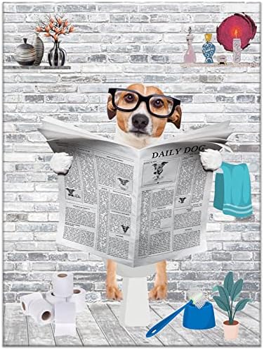 לודיר מצחיק כלב אמבטיה קיר אמנות חווה אמבטיה קיר תפאורה כלב על מושב אסלה קריאת עיתון בד תמונות כרזות מטבח שינה דקור ממוסגר