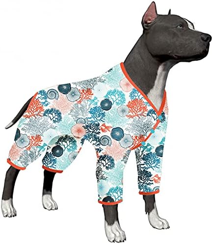 תלבושת פיג'מה של Lovinpet, גופיית מעילי כלבים, בד רך קל משקל, עצי אלמוגים ופגזים הדפסים, חולצת הגנה על UV, קל ללבוש בגדי כלבים מקסימים, כחול xxl