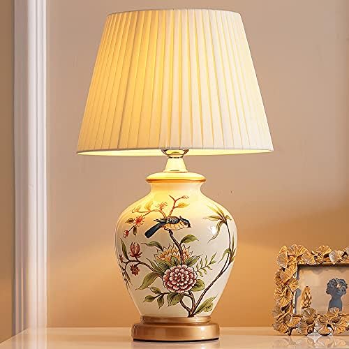 אמריקאי פרח וציפור יד-צבוע קרמיקה מנורת שולחן מנורה שליד המיטה חדש סיני מודרני חדר שינה מחקר מלון וילה מנורה שליד המיטה בד אהיל סיני עיצוב הבית קישוטי קרמיקה מנורת שולחן