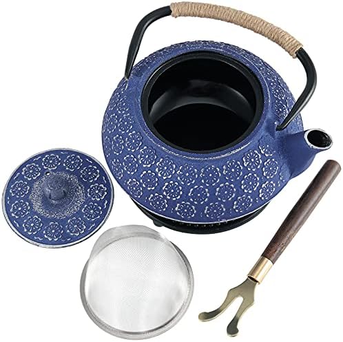Hakzeon 34 גרם/1000 מל קומקום ברזל יצוק עם פילטר נירוסטה, קומקום תה מצופה בפנים אמייל, טטסובין בסגנון יפני לתה עלים רופפים, שקיות תה, כחול