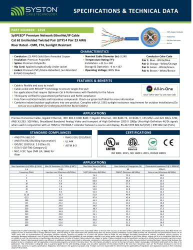 טכנולוגיית כבל סיסטון Cat6e Ethernet כבל אינטרנט - 100 רגל ， 600 מגה הרץ 23AWG חוט נחושת חשוף מוצק וחליפה מקורה, ללא קצוות 10 עד 1000 רגל זמינים, דירוג עמיד לחום - CMR