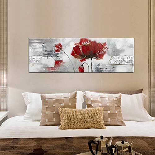 Skyinbags ציור שמן על בד גדול צבוע ביד, מופשט נוף פרחים אדום ציורים קיר מודרני ציורי אמנות תפאורה לתמונות לסלון מתנה לקישוט משרדים, 60x100 סמ לא ממוסגר