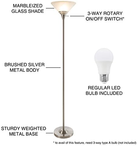 מנורת רצפה לפידים ביתית מפוארת-אור עומד עם בסיס מתכת יציב וצל זכוכית שיש-נורת לד חסכונית באנרגיה כלולה