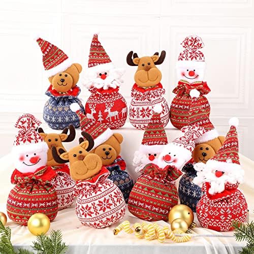 שקיות בובות מתנה לחג המולד עם שרוך שימוש חוזר לתיקי מתנה לבובה סרוגה לחג המולד יוטה שקיות מתנות סנטה עם סנטה קלאוס משתרע, איש שלג, איילים, דוב לילדים עטיפת חג עטיפה