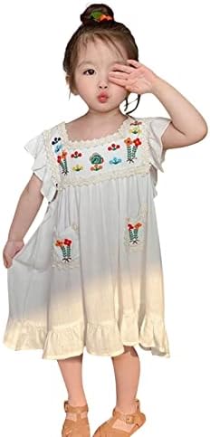 פעוטות ילדים בגדי תינוקות בנות קיץ פשתן שרוול קצר רקמה דפוס פרחים שמלה תכלת לבנות