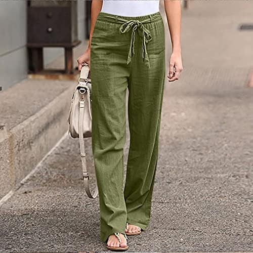 נשים קיץ כותנה פשתן שרוך מכנסיים ישר מכנסי טרנינג רגל רחבה