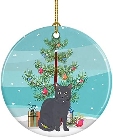 אוצרות קרוליין CK4777CO1 Nebelung CAT קישוט קרמיקה לחג המולד שמח, קישוטים לעץ חג המולד, קישוט תלוי לחג המולד, חג, מסיבה, מתנה,