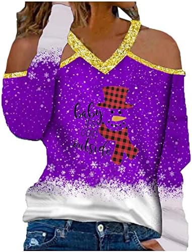 חולצת טריקו של שרוול ארוך לחג המולד לחג המולד לנשים חמוד בלוק צבע מצחיק הדפס סטרפלס סטרפלס חולצות חולצות