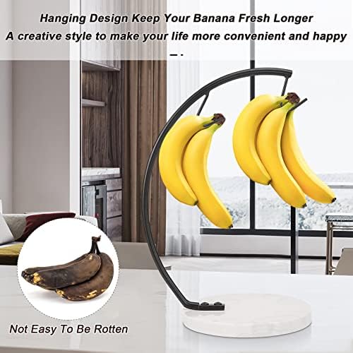מחזיק בננה של Livabber עם בסיס שיש, קולב בננה מתכתית דוכן עץ מודרני עם וו, שומר בננה עמיד מארגן אחסון פירות טריים חופשי לשטח משטח מטבח