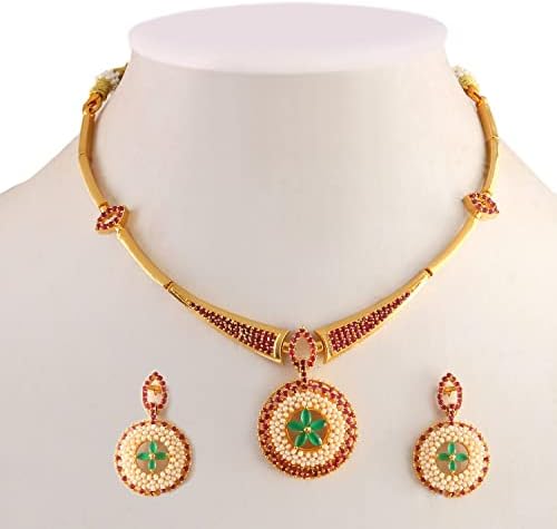 שרשרת בולווד הודית פנינה אבנים ירוקות אדומות בציפוי זהב סט תכשיטי אופנה לנשים ונערות