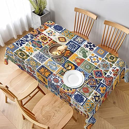 מפת שולחן מלבנית בגודל 60 על 90 אינץ ' עמיד למים בד כיסוי שולחן מלבן עמיד למים למטבח חדר אוכל מסיבת יום הולדת דקור-היפי טלאברה אריחים מקסיקניים הודי