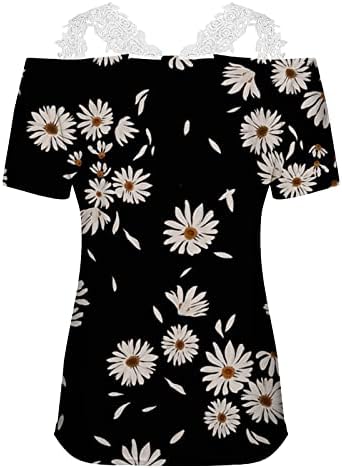 נשים קיץ רופף מתאים חולצות קר כתף תחרה סרוגה קצר שרוול פרפרים טוניקת חולצות הדפסת צווארון טרנדי חולצות
