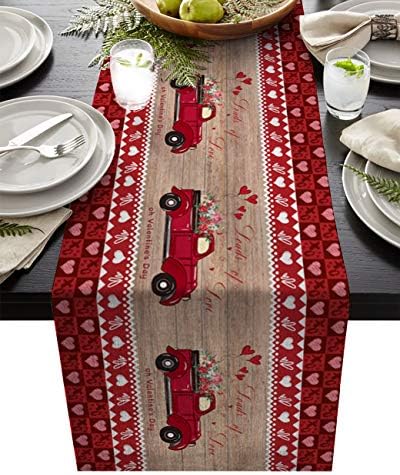 ולנטיין של יוטה שולחן רץ 70 סנטימטרים ארוך,חג האהבה שמחה אדום פרח משאית על עץ תבואה פשתן ארוחת ערב שולחן הגדרת דקור לחתונה התכנסויות מסיבת תינוק מקלחת