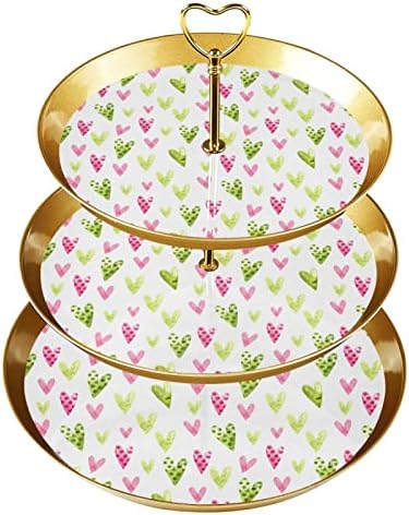 עמדת עוגות עם מגש הגשת מוזהב, 3 דוכן תצוגת מאפה עגול עגול, מחזיק עוגת קינוח מגדל עץ ירוק וורוד דפוס לבבות