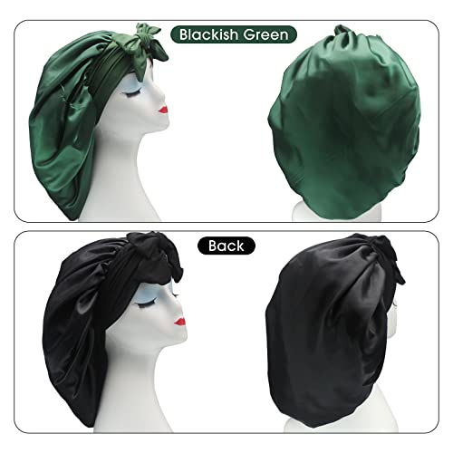 Hanbertti 2 חבילה משי סאטן שיער מצנפת שינה כובע שינה עם מכסה נתיב נתיב מצנפת משי מצנפת סאטן מצנפת מתכווננת לכיסון שיער מתולתל ישן נשים בנות בנות （שחור+ירוק כהה）