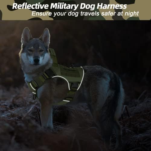 רתמת וינגוין ירוקה עם רתמת כלבים טקטי לכלבים גדולים ללא משיכה מתכווננת K9 רתמות אפוד כלבים צבאיים עם ידית בקרה קלה להליכה, טיולים רגליים, אימונים