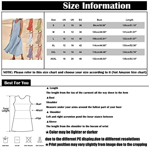 צבע אחיד לנשים שמלת כיס פשתן כותנה ללא שרוולים שמלות מקסי זורמות רופפות אמנות ארוכות וינטג