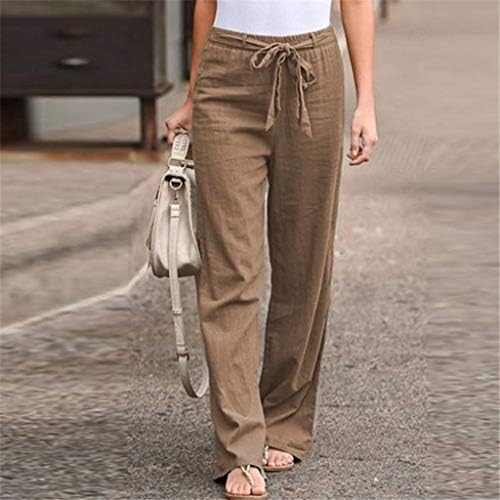 מכנסי פשתן ישרים מוצקים המותניים לנשים ארוכות מכנסיים מכנסי כותנה אלסטיים מזדמנים מכנסי פשתן לנשים