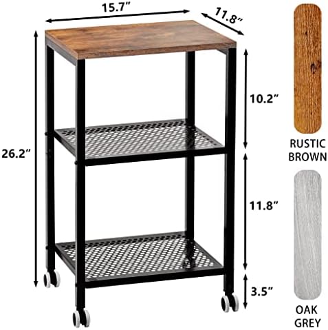 שולחן צד ימוני, שולחן קצה 3 קומות עם גלגל, שידה קטנה אחסון מדפי רשת עגלת מטבח לחדר שינה סלון מטבח אמבטיה, מסגרת מתכת יציבה, חום כפרי