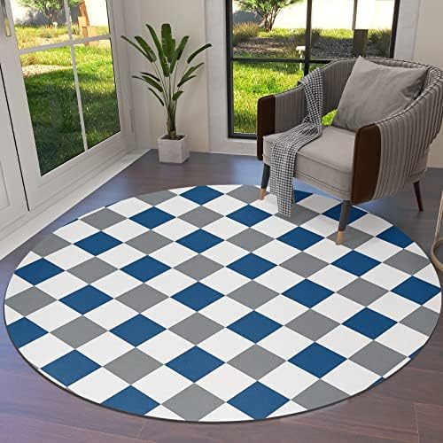שטיח שטח עגול גדול לחדר שינה בסלון, שטיחים ללא החלקה בגודל 3.3ft לחדר ילדים, סריג אמנות מודרני סריג כחול אפור כחול משובץ שטיח שטיח רחיץ לעיצוב חדר משתלת ביתי