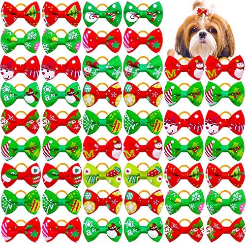 100 יחידות/50 pairs חבילה קשתות שיער של כלב חג המולד עם רצועות גומיות קשתות כלבים אביזרי שיער מחמד חיות מחמד קשתות כלב