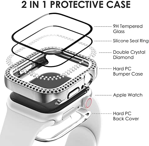 SURACE 2 ב 1 מארז בלינג אטום למים תואם לסדרה Apple Watch 8 7 41 ממ, מעל 100 יהלומי קריסטל עם מגן מסך, קדמי ואחוריו כיסוי פנים פגוש מגן מלא לנשים, 41 ממ כסף