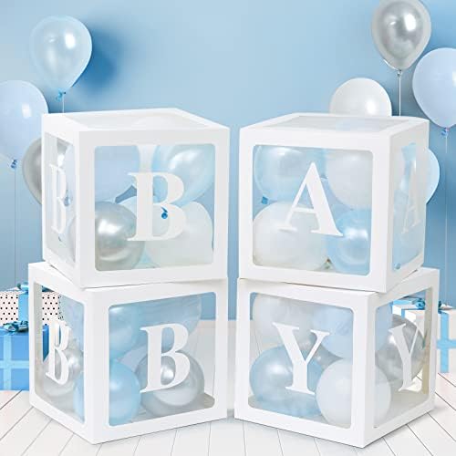 קופסאות תינוקות עם 8 אותיות ו -36 בלונים, 4 יחידות קופסאות בלונים שקופות למקלחת תינוקות עיצוב בלוקים לתינוקות לבנים קישוטי מסיבת יום הולדת