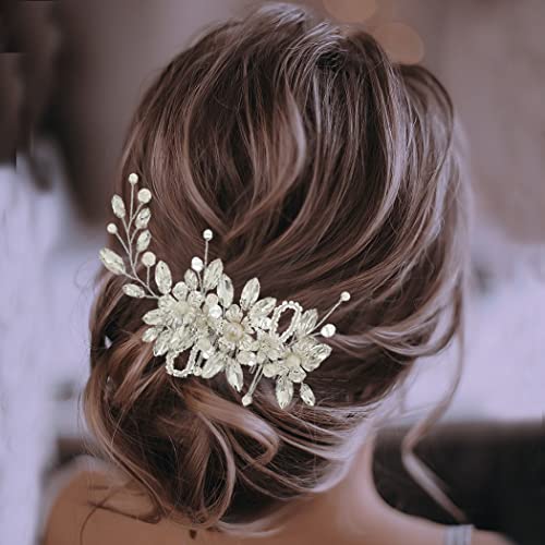 פרח חתונת שיער קומבס כסף ריינסטון הכלה שיער צד מסרק פרל כלה שיער אביזרי עבור נשים