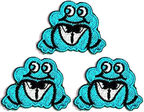 קליינפלוס 3 יחידות. מיני כחול צפרדע ברזל על תיקוני קריקטורה ילדים אופנה סגנון רקום מוטיב אפליקצית קישוט סמל תלבושות אמנויות תפירת תיקון