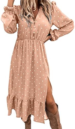 נשים מידי ארוך שמלת דוט הדפסה ארוך שרוול מכופתר צוואר גבוה מותן קיץ מקרית חוף שמלות זורם סדק שמלה קיצית