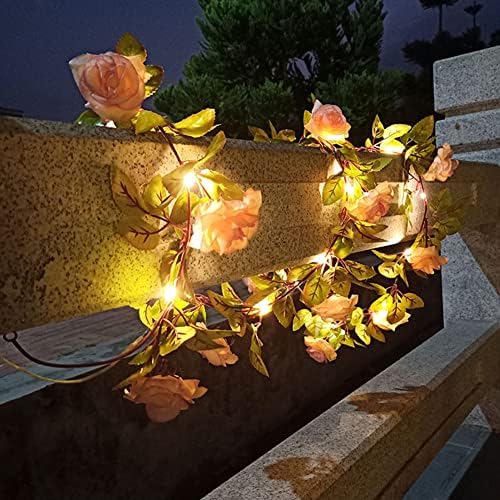 אורות מיתרים פרחי ורד מלאכותיים, 6.6 ft 20 LED Rose Garland Plaby Fairy קיר קליל תלוי ירק לתפאורה חתונה קשת דלת יום הולדת למסיבת חדר שינה גן ולנטיין קישוט