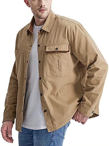מעילים לגברים עובדים בגדים שטופים חולצת כותנה בתוספת גודל צבע אחיד במעיל שרוול ארוך לגברים, מעילי חורף גברים