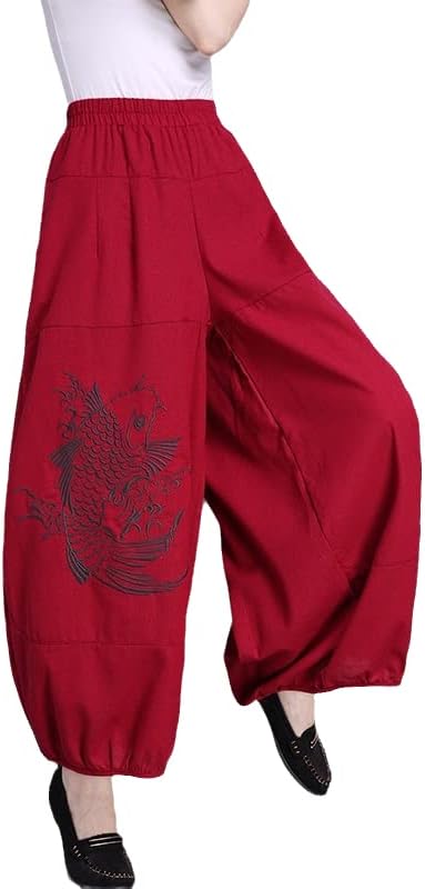 מכנסי רקמה כותנה ופשתן מכנסיים בסגנון סיני מכנסיים ארוכים מזדמנים פורחים רופפים פנטלונים רגל רחבים אדומים