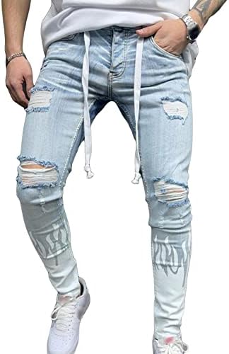 גברים מוטו צדדים כיסים רזים מתאימים ג'ינס רזה שטוף אמצע מותניים במצוקה מכנסי ג'ינס במצוקה מכנסי עפרון חותלות אופנוענים