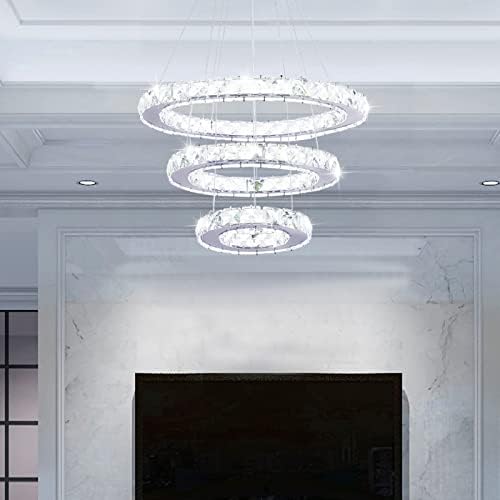 נברשות קריסטל מודרניות LED 3 נברשת טבעת גופי תאורה מתכווננים תאורת תליון עגול תאורה נירוסטה אורות תלויים לסלון אוכל בחדר אוכל ארון חדר שינה, לבן קר, לבן