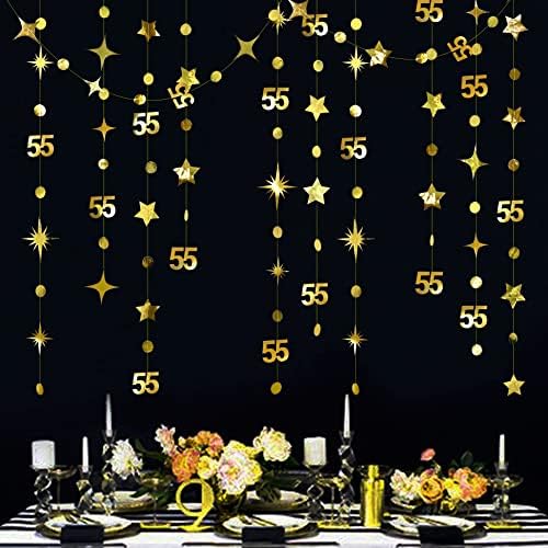 קישוטי יום הולדת 55 זהב מספר 55 מעגל נקודה נצנוץ כוכב גרלנד מתכת תלייה סטרינר זרימה באנר באנר ליום הולדת בן 55 שמח 55 שנה לחמישי חמש ציוד מסיבות