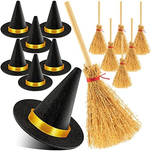 ZHWKMYP 14 יחידות כובע מכשפה מיני, כובעי מכשפה קטנים למלאכות, כובעי מכשפות ומטאטאטאים למסיבת יין בעבודת יד לעיצוב עיצוב בקבוקי יין בעבודת יד