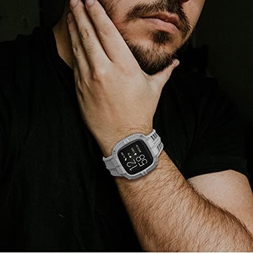 Gelishi תואם ל- Fitbit Versa 2 להקות עם מקרה, גברים מגנים על להקת מקרים מחוספסת רצועת כף היד ספורטיבית עבור Fitbit Versa 2 Smartwatch - Gray