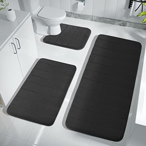 ימוברה 3 חתיכות ערכות שטיחי אמבטיה מקצף זיכרון, 44.1 על 24 + 31.5 על 19.8 וצורת פרסה לשטיחי אמבטיה, שטיחי אסלה, החלקה, רך נוח, ספיגת מים, ניתן לכביסה במכונה, שחור