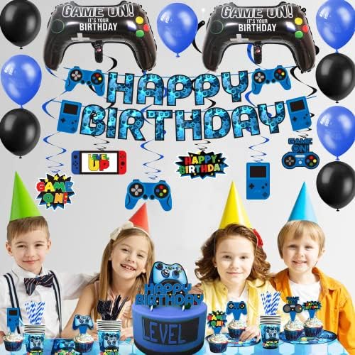 כחול וידאו משחק ספקי צד - 212 יחידות גיימר משחקי מסיבת קישוט עבור בני מסיבת יום הולדת-שולחן כיסוי, צלחות, כוסות, מפיות, כלי, תליית מערבולות, יום הולדת באנר, הקאפקייקס, צילינדר עוגת טופר & מגבר; בלוני