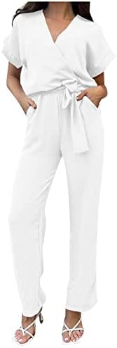 סרבל קיץ לנשים 2023 סרבל אופנה מזדמן כיסי שרוול קצר גלישת צווארון חגורה מכנסיים רגליים רחבות 1